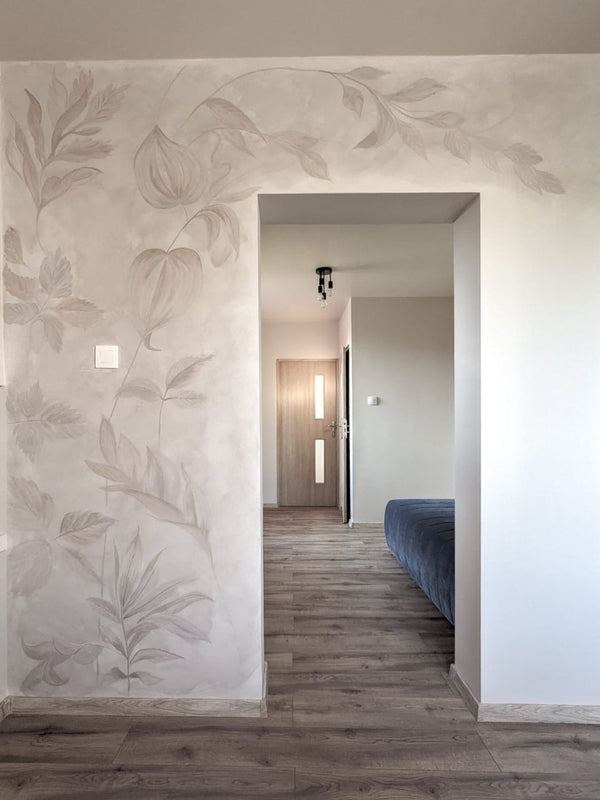 Warm Limestone limewash paint color applied on an interior wall